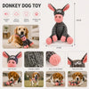 A plush donkey dog toy with pink ears and gray body, shown next to a golden retriever.