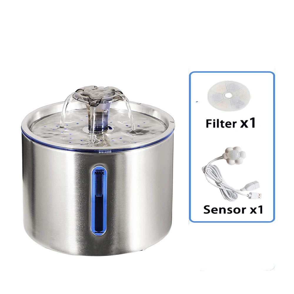 Stainless steel automatic pet water fountain with a visible filter and sensor components.