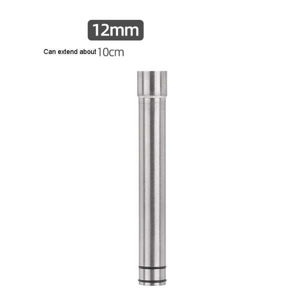 A vertical stainless steel aquarium inlet and outlet pipe with a 12mm diameter.