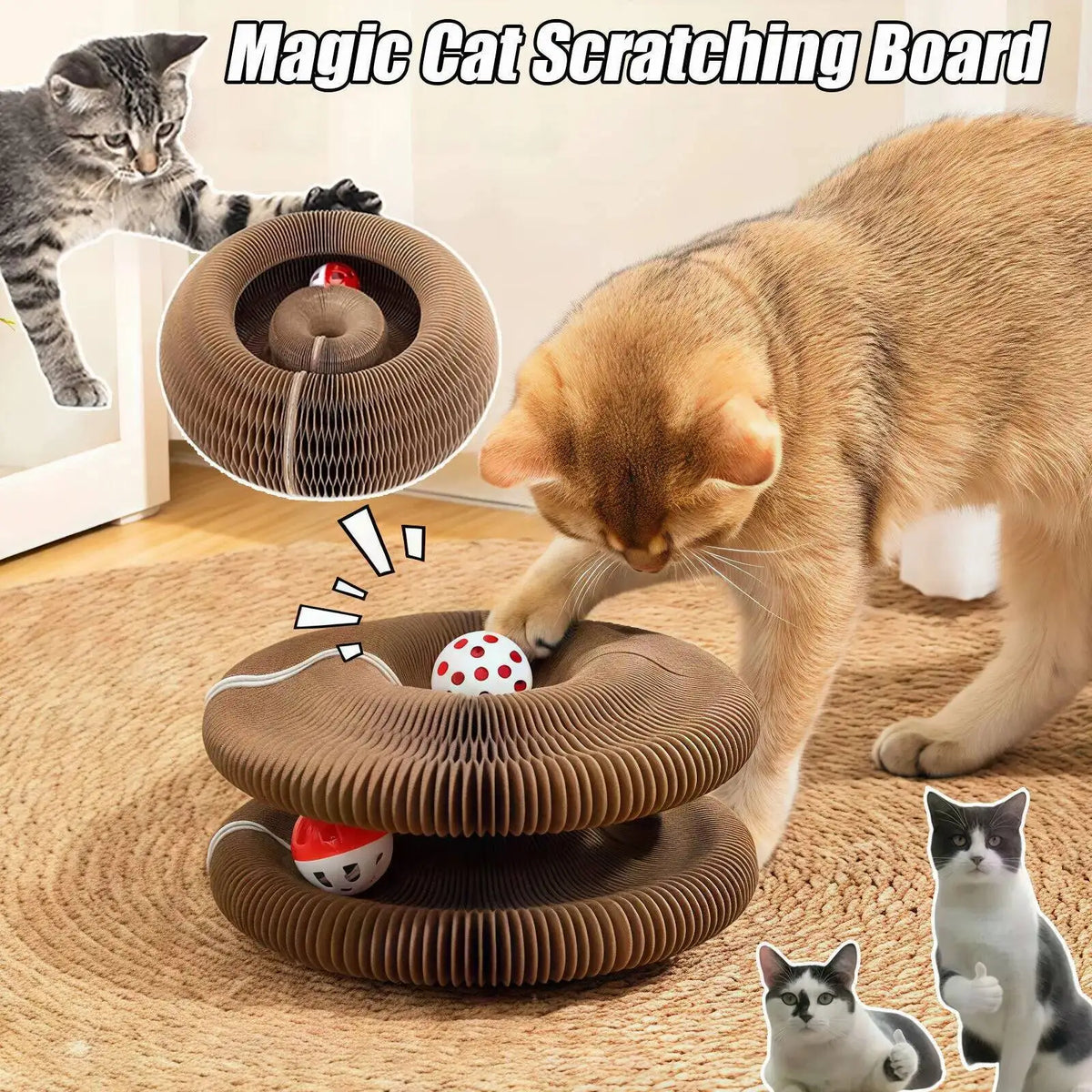 A cat is interacting with a double round corrugated scratching board toy on a woven mat.