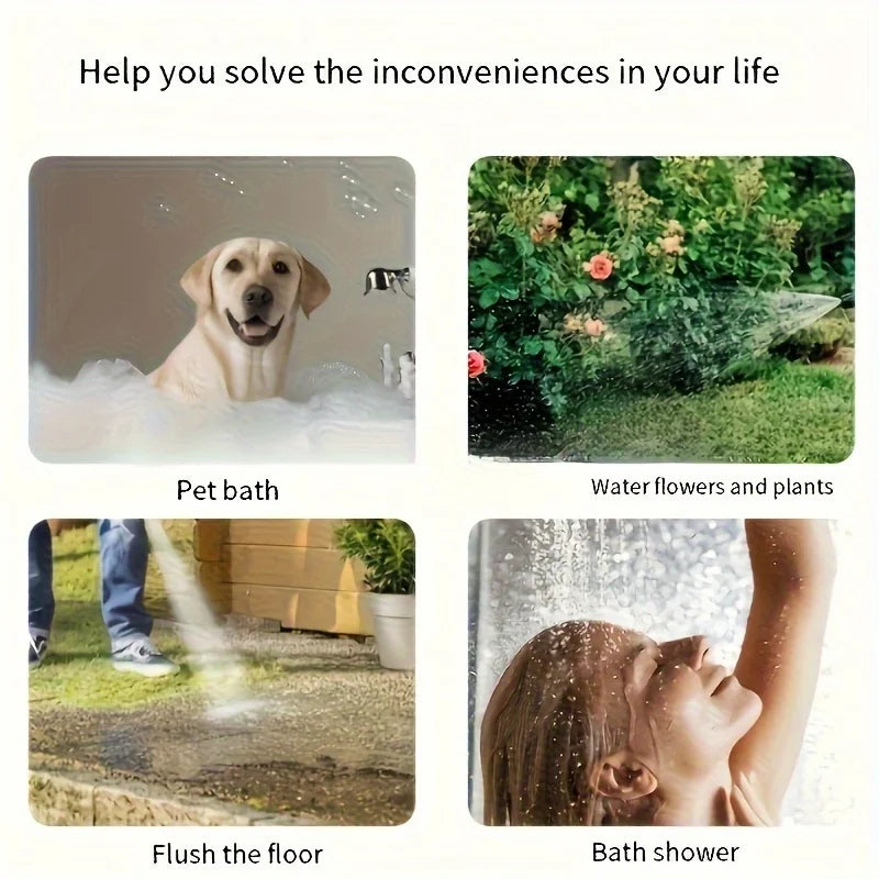A 360° portable faucet sprayer with a long hose is shown being used for pet baths, washing plants, flushing floors, and showe