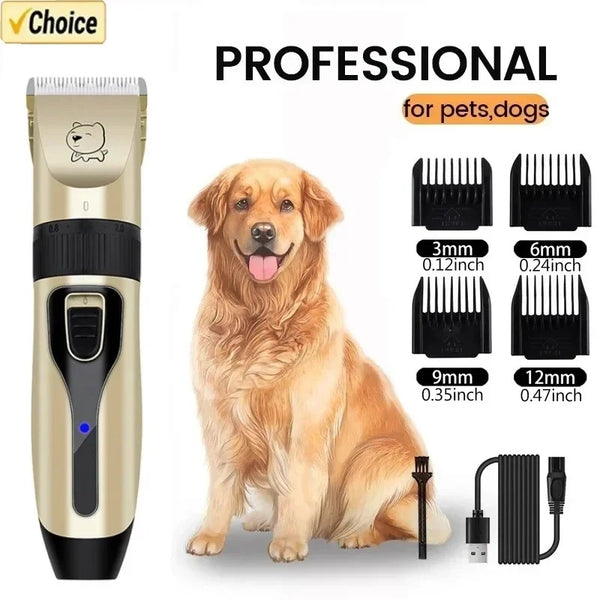 A professional USB rechargeable pet grooming clipper with various sized attachments and a charging cable.