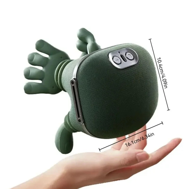 A hand holds a green rechargeable neck and shoulder massager with finger-press technology.