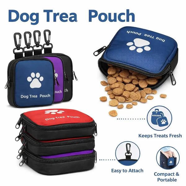 A set of Dog Trea Pouches in blue, purple, and black fabric with waist clips for pet treats.