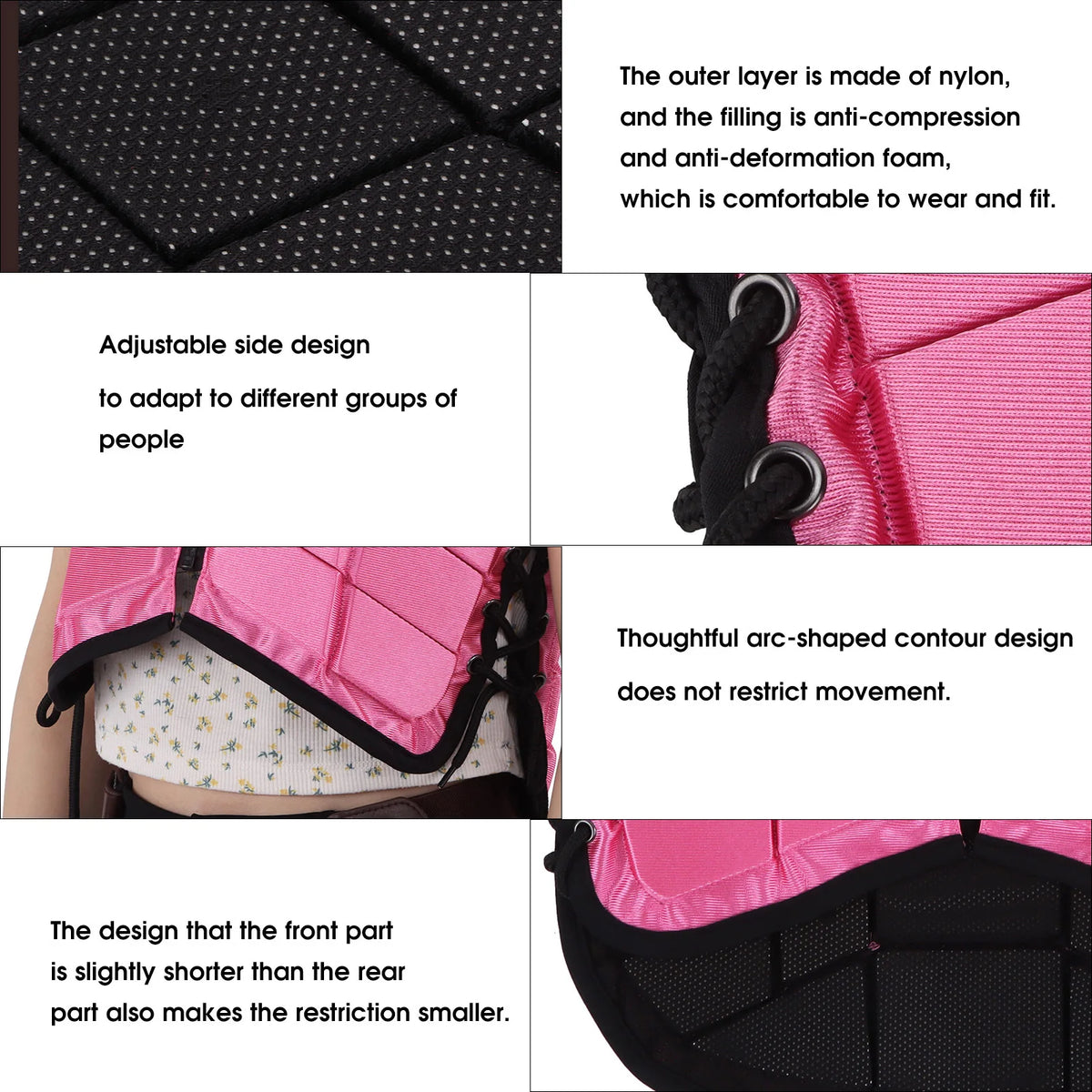 Pink equestrian safety vest with adjustable side design and arc-shaped contour for comfortable fit