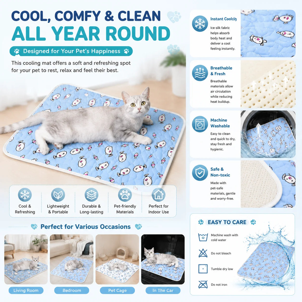 A light blue pet cooling mat with a patterned design is shown next to a cat, demonstrating its use for pets.