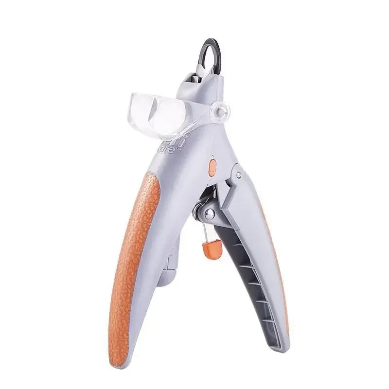 A pair of stainless steel pet nail clippers with an LED light, shown from the side.