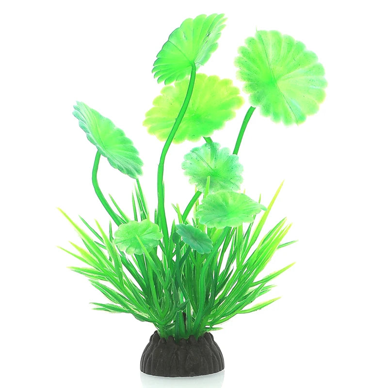 A vibrant green artificial plant featuring large leaves and thin stems, suitable for aquarium decor.