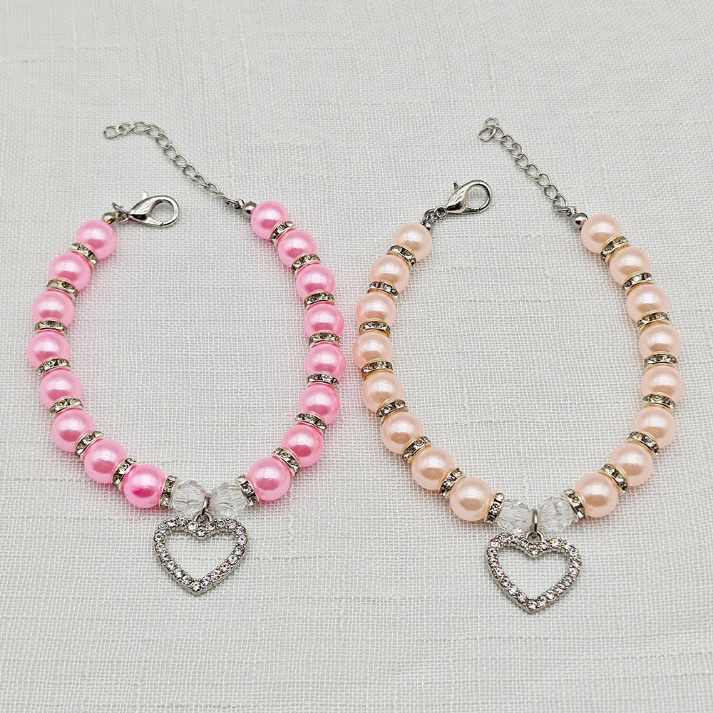Pearl Pet Necklace with Heart-Shaped Rhinestone Pendant