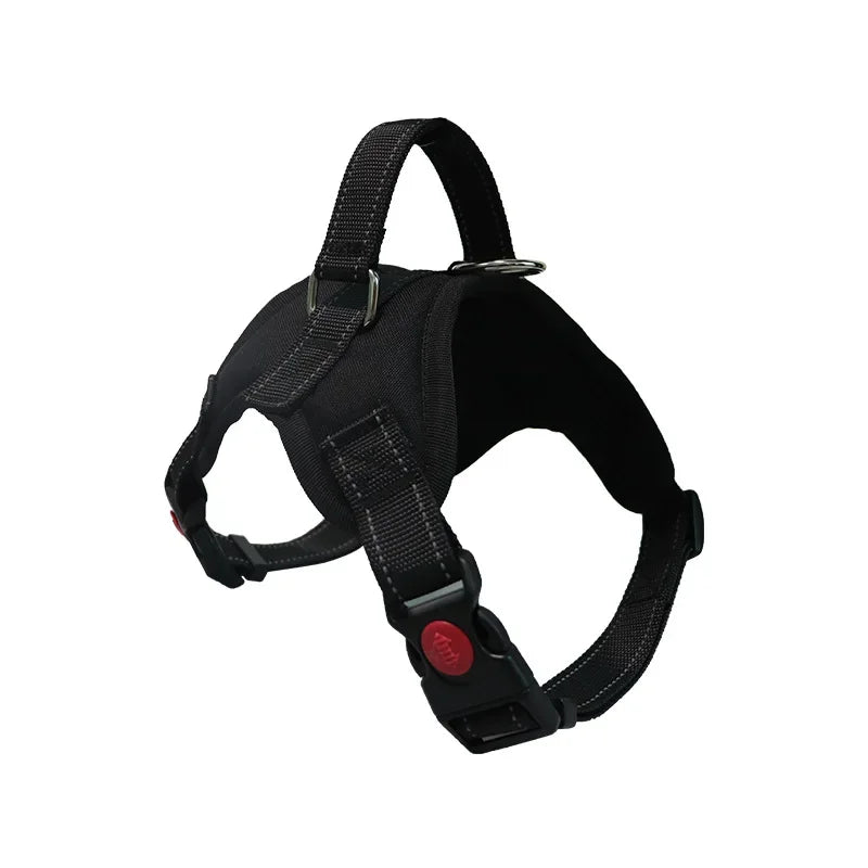 Black adjustable no-pull dog harness with reflective stitching