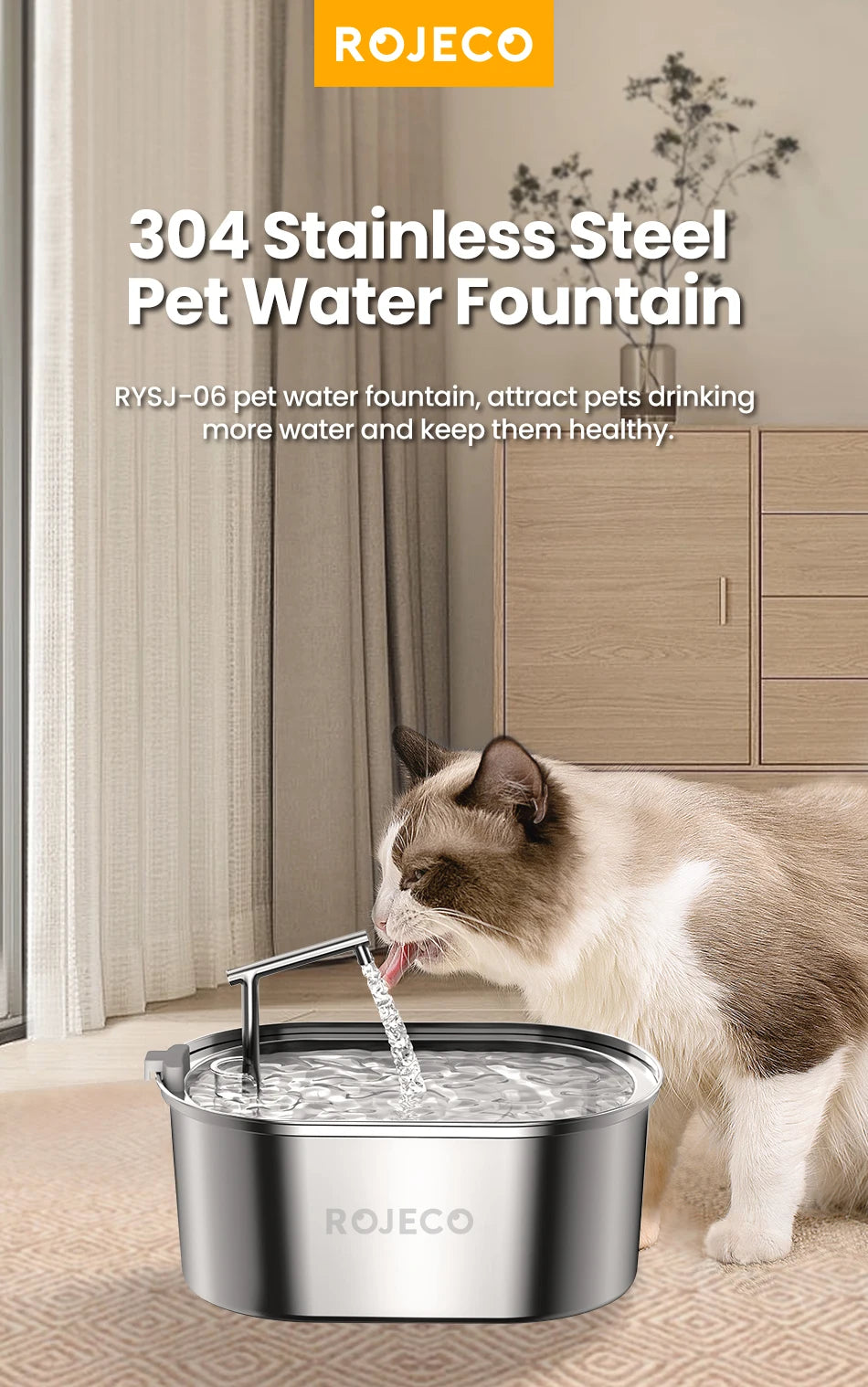 Eine Katze trinkt Wasser aus einer ROJECO 304 Edelstahl-Haustierbrunnen auf einem Holzboden.
