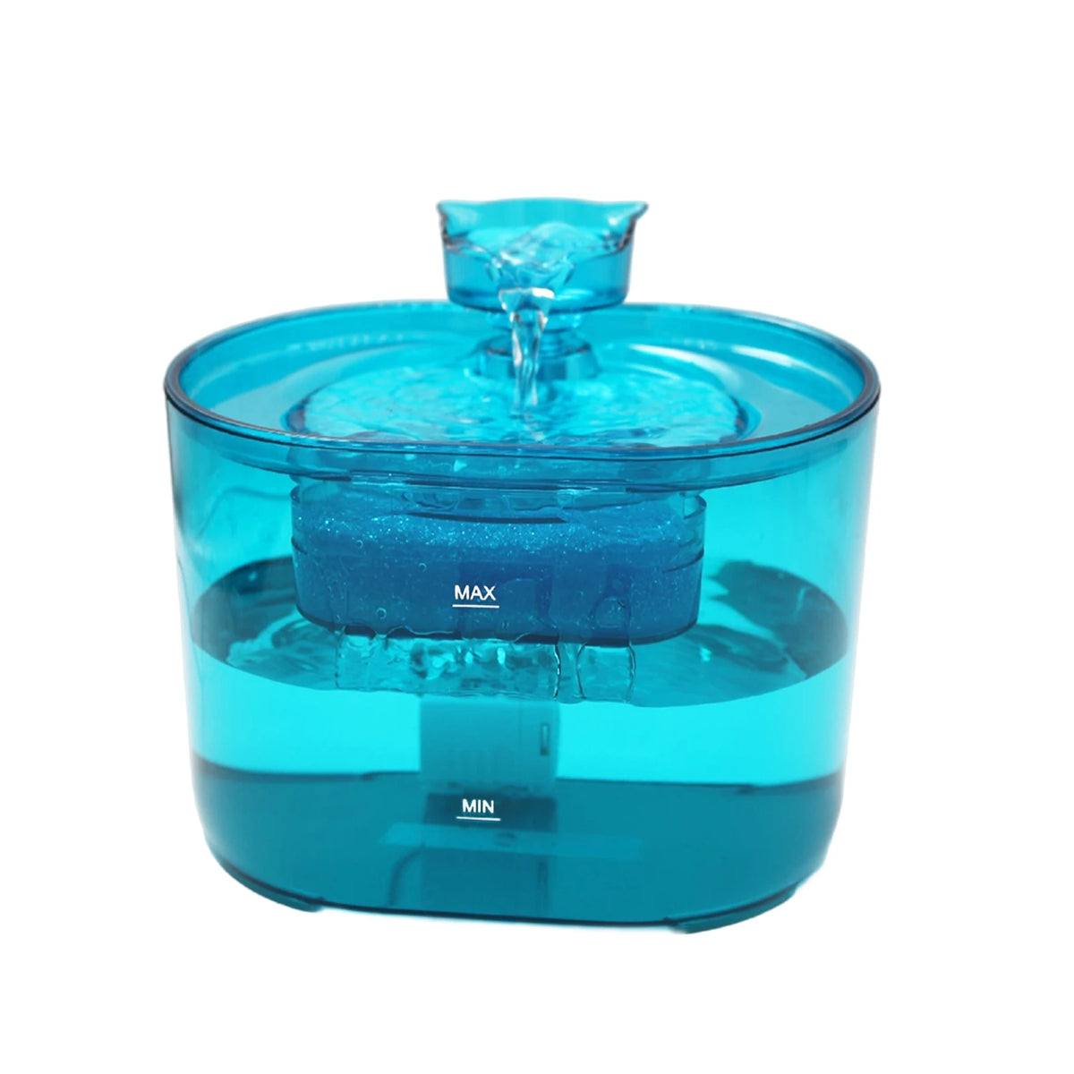 A clear blue USB-powered automatic cat water fountain with a visible water flow.