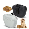 A silicone dog treat pouch in gray with a magnetic closure and waist clip next to loose dog treats.