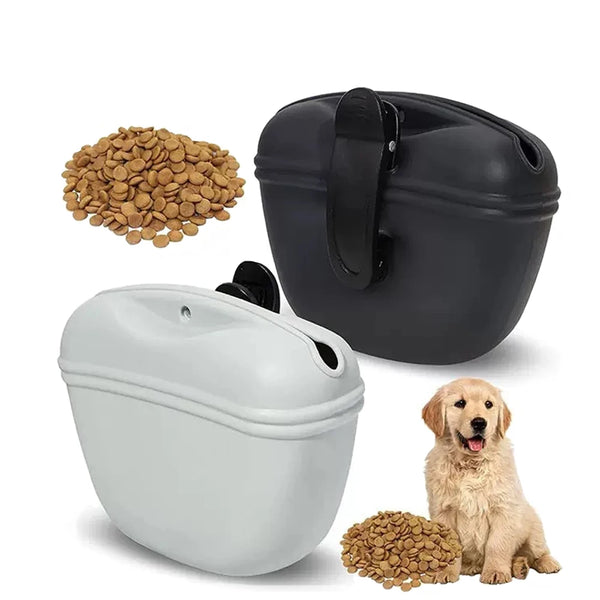 A silicone dog treat pouch in gray with a magnetic closure and waist clip next to loose dog treats.