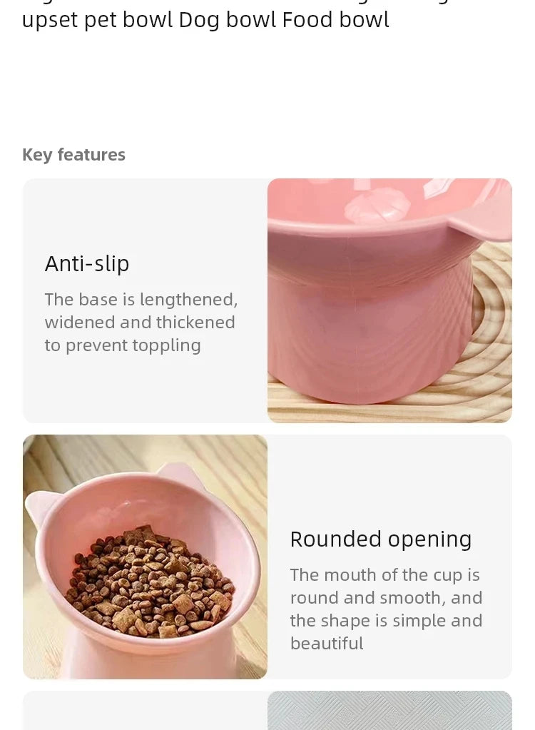 A pink pet feeding bowl with a rounded opening and an anti-slip base, filled with dry pet food.