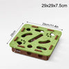 A green wooden puzzle toy box with tunnels and holes for a cat, measuring 29x29x7.5cm.