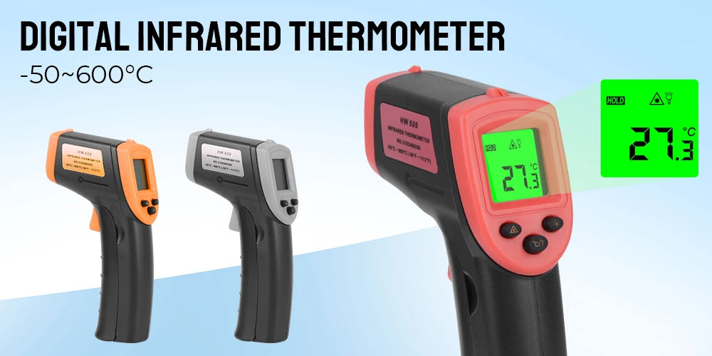 A digital infrared thermometer in orange and black is shown next to a green display reading 27.3 degrees.