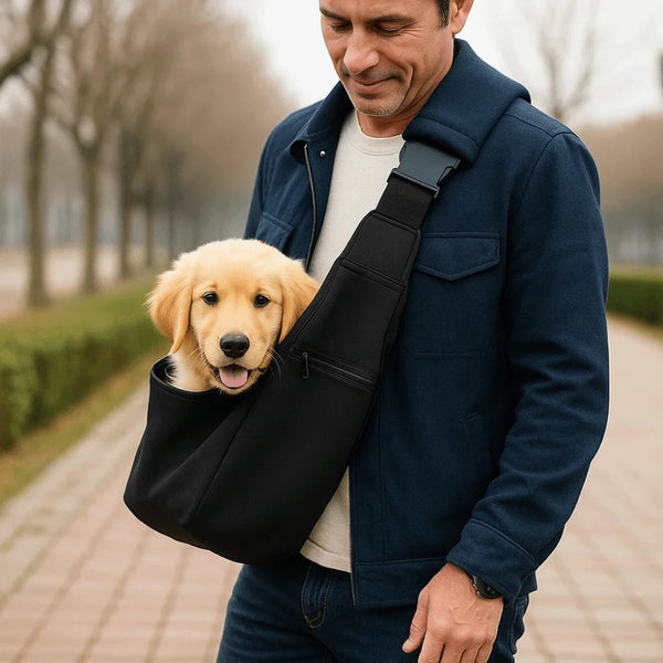 A man is holding a black double-sided pet carrier bag with a safety harness and a golden retriever.