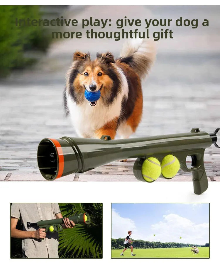A dog is playing with an interactive pet ball launcher, demonstrating a thoughtful gift for dogs.