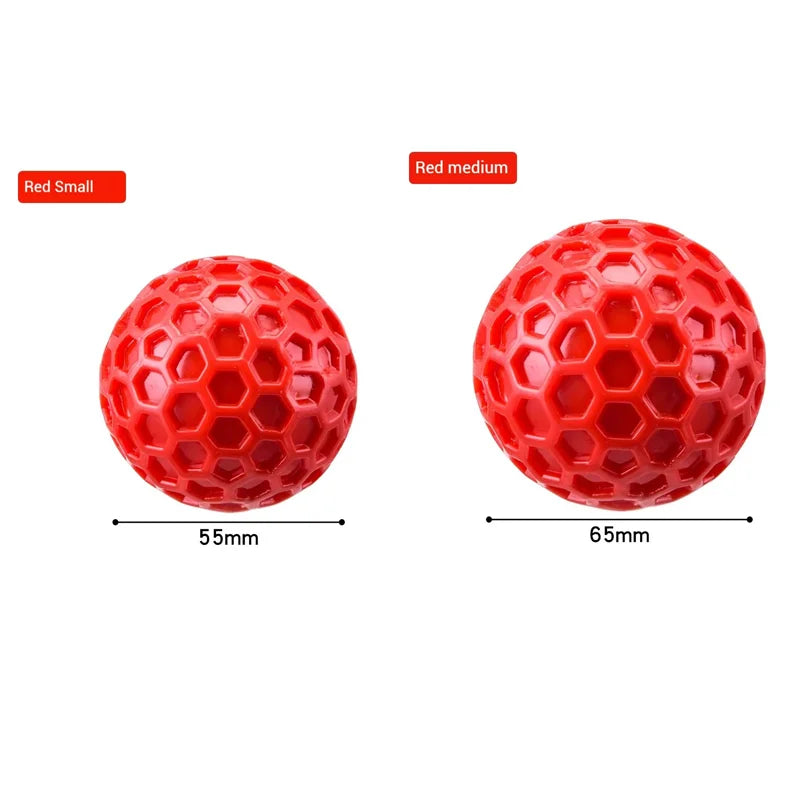Red medium honeycomb squeaky dog toy ball with a 65mm diameter and a red small version.