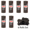 A set of six black reusable pet poop bag dispensers with red arrows and a leash clip.
