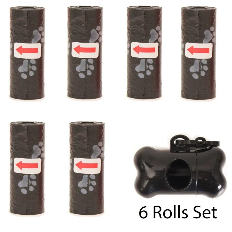 A set of six black reusable pet poop bag dispensers with red arrows and a leash clip.