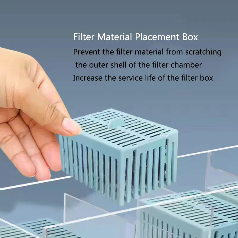 A hand places a plastic filter material box onto a white surface, demonstrating its protective function.
