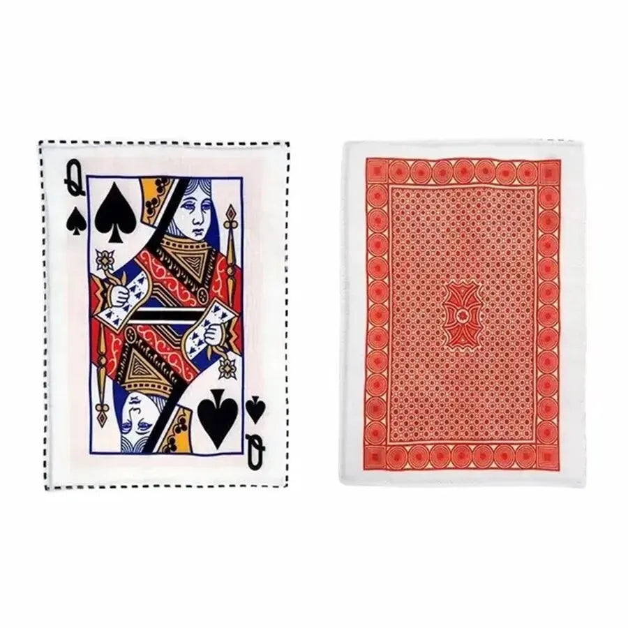 A square fabric toy featuring a card design with a black spade symbol and intricate patterns.