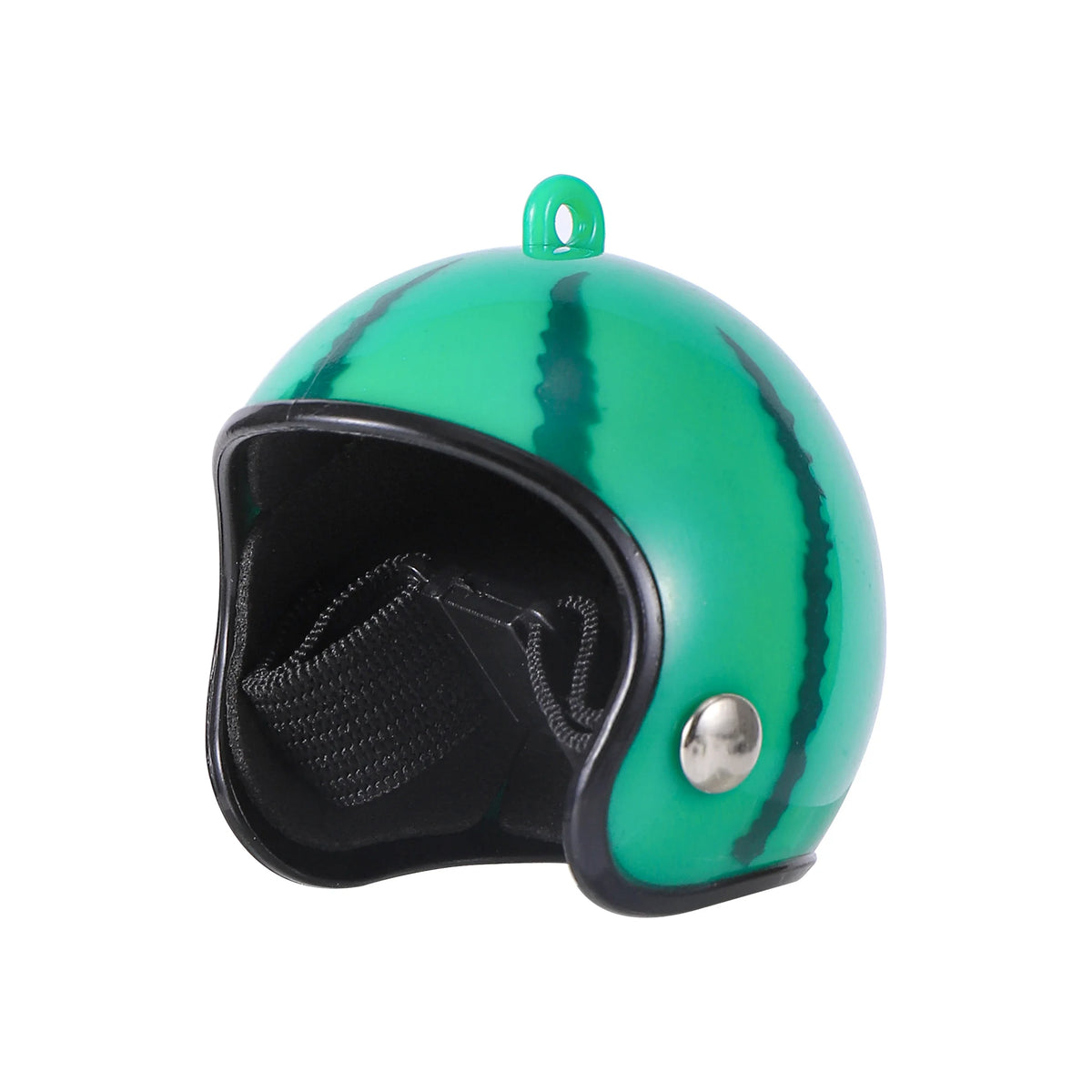 A bright green adjustable bird safety helmet with a black interior and a silver stud.