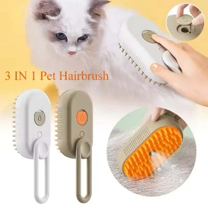 A 3 in 1 pet hairbrush featuring a white and beige comb and massage brush being used on a cat.