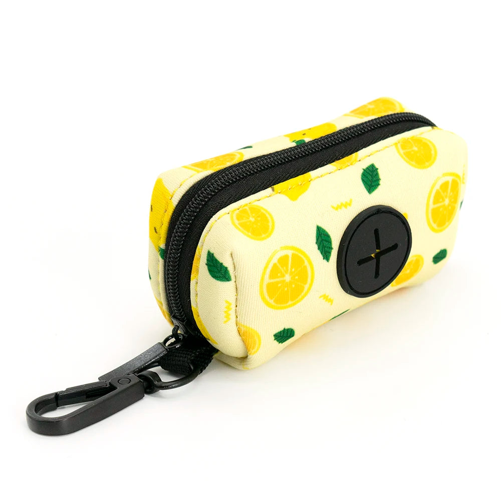 Yellow and green lemon print dog collar with black zipper and magnetic closure