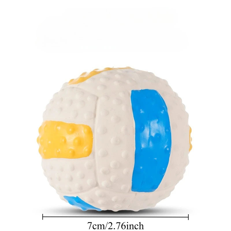 A white latex ball with blue accents is shown, suitable for dogs to chew and play.