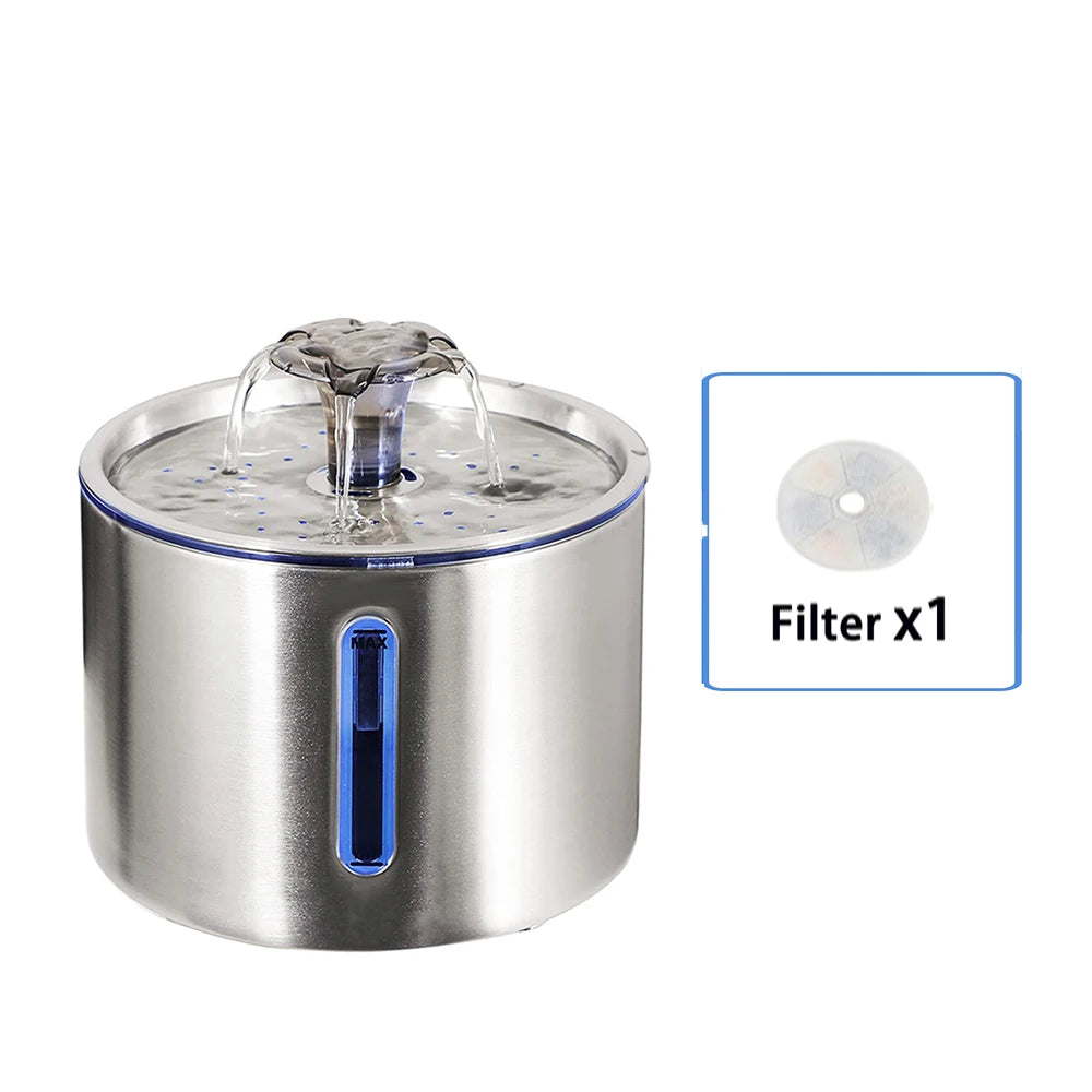 Stainless steel automatic pet water fountain with a visible water stream and filter replacement instruction