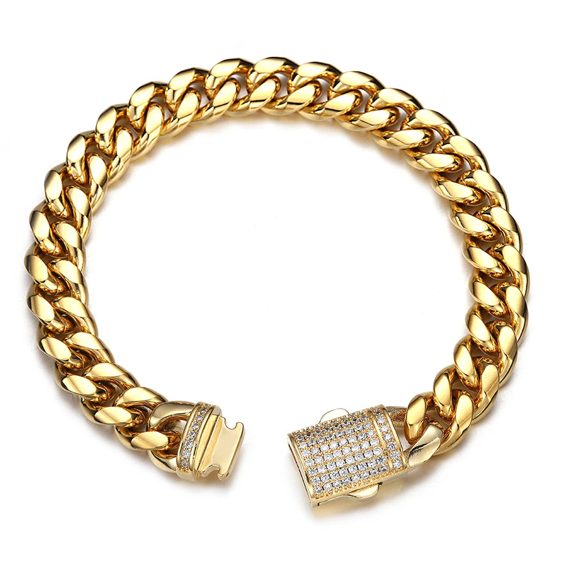 A gold-toned stainless steel curb chain bracelet with a textured, diamond-encrusted clasp.