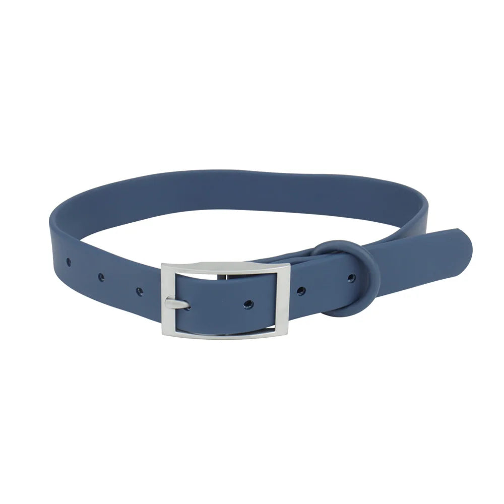A navy blue adjustable PVC pet collar with a silver buckle.