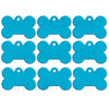 A set of twelve bright blue bone-shaped dog ID tags.