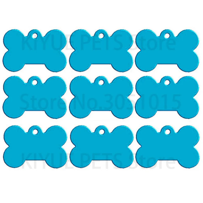 A set of twelve bright blue bone-shaped dog ID tags.
