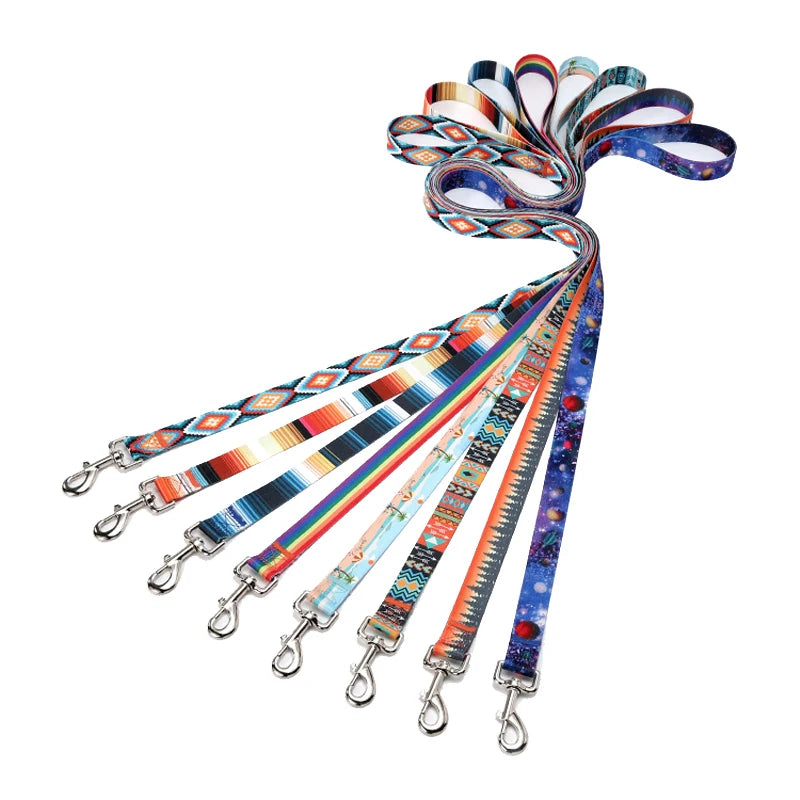 A collection of colorful ethnic striped pattern dog leashes with metal D-rings.