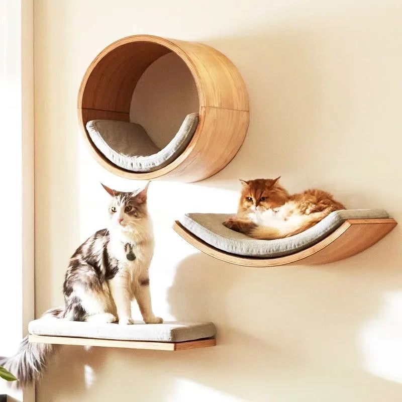 Wall-Mounted Wooden Cat Climbing Set with Sisal Scratching Post and Hammock