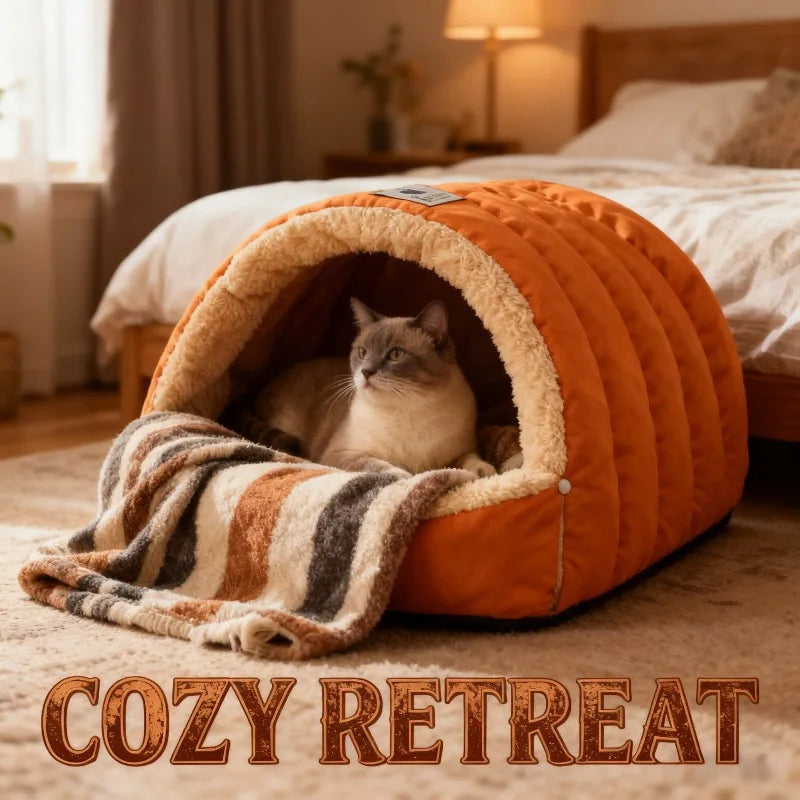 An orange semi-enclosed pet bed with a fluffy lining is placed on a rug next to a bed.