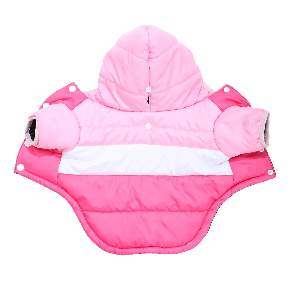 Pink quilted fleece hoodie dog jacket with a white stripe and D-ring for small pets