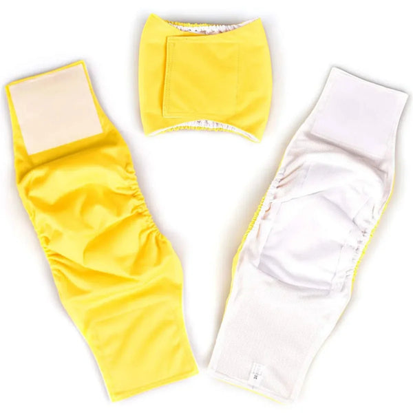 Yellow and white reusable cotton dog belly bands for male dogs