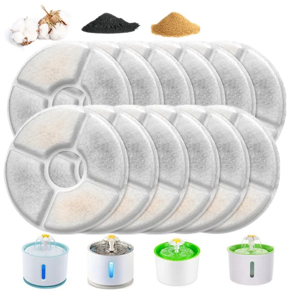 Replacement filters for a 2.4L pet water fountain shown in various sizes and colors