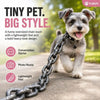 A small dog wearing a heavy-look faux chain leash is shown walking outdoors.