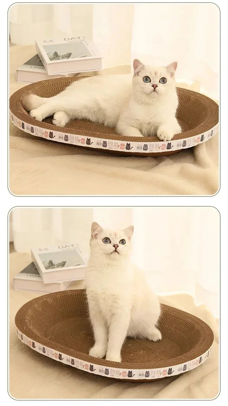 A fluffy white cat is relaxing on a brown corrugated pad for scratching and lounging.