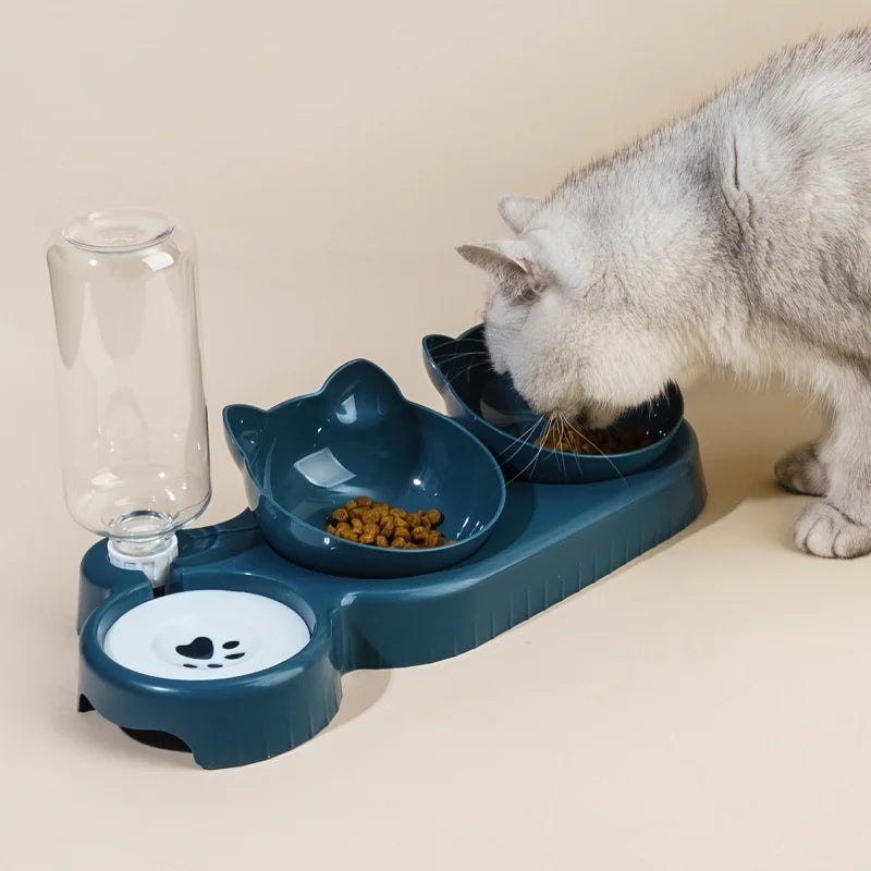 Distributeur de nourriture pour chat avec bol basculant et bouteille d'eau par gravité