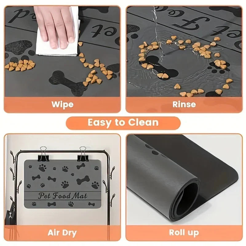 A pet feeding mat is shown being wiped, rinsed, air dried, and rolled up for easy cleaning.