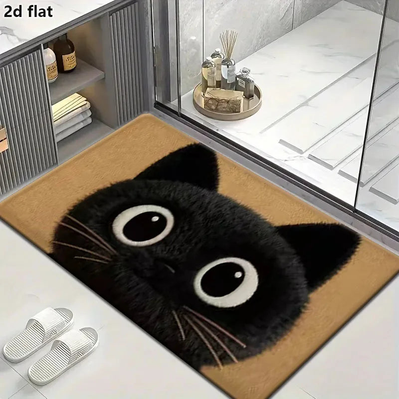 A realistic illustration of a black cat head on a beige mat, placed next to a bathroom shelf.
