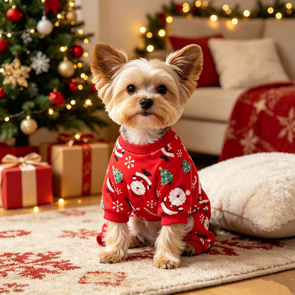 A small, fluffy dog wearing a red Christmas-themed sweater sits in front of a decorated holiday tree.