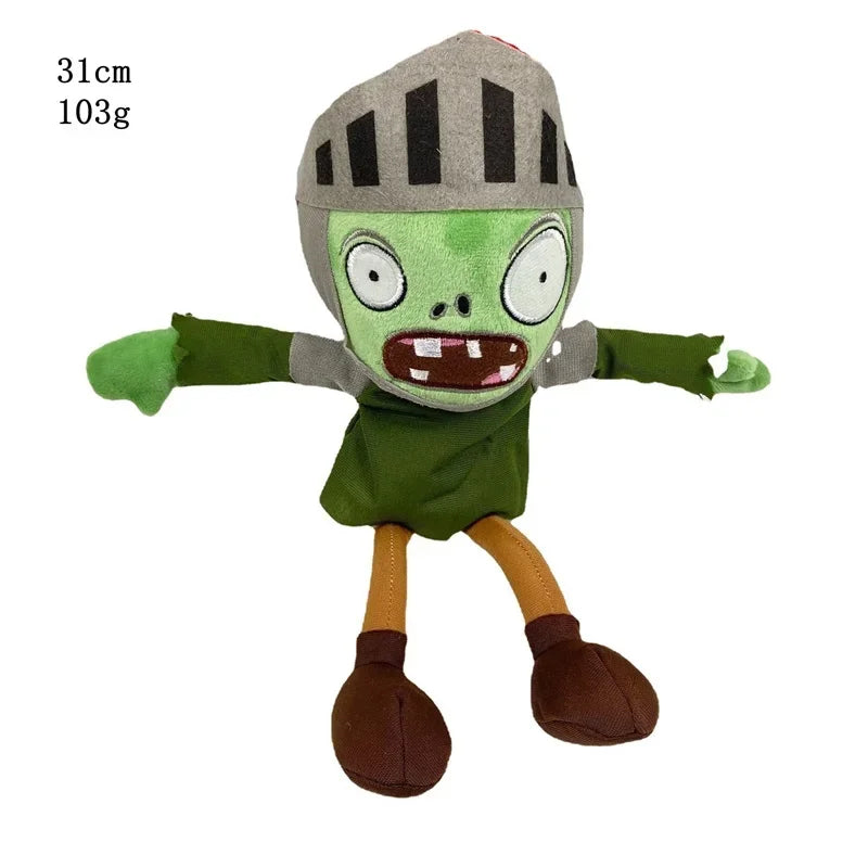 A plush toy of the Plants vs. Zombies Gargantuar with a gray helmet and green body.